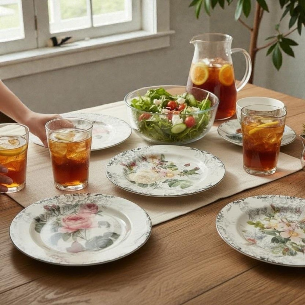 American Atelier Rose Toile Floral Plates French Country Set of 5‎ 8"